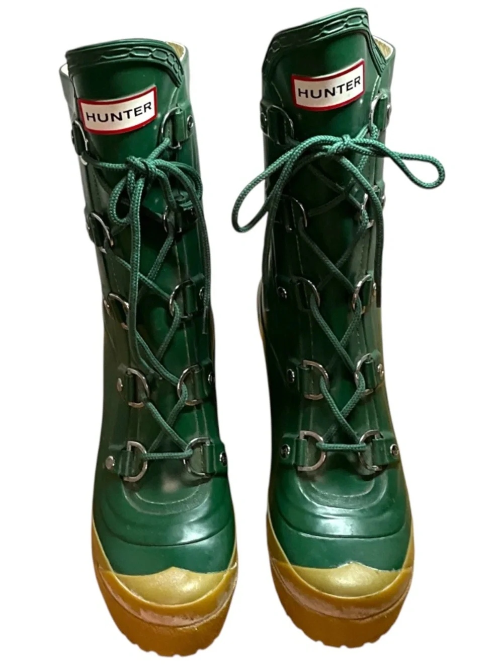 HUNTER ‘Gabby’ Heeled Platform Rain Boots Lace Up in Hunter Green US Sz 8 - Picture 4 of 12